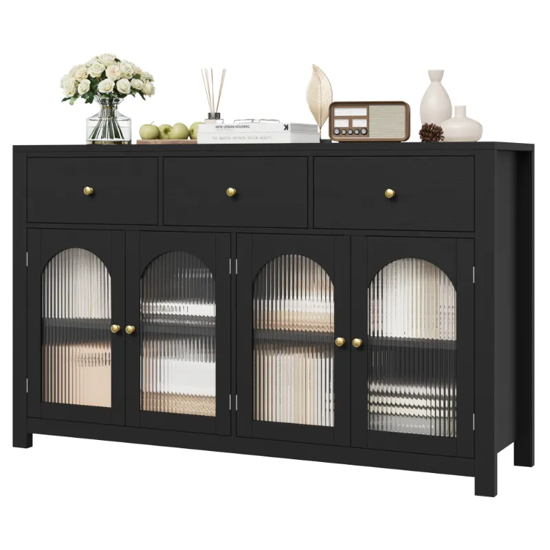 Photo 1 of Homfa 55'' Large Sideboard Buffet Cabinet, Kitchen Storage Cabinet with 3 Drawers and 4 Glass Doors, Wood Coffee Bar Cabinet for Living Room? Black