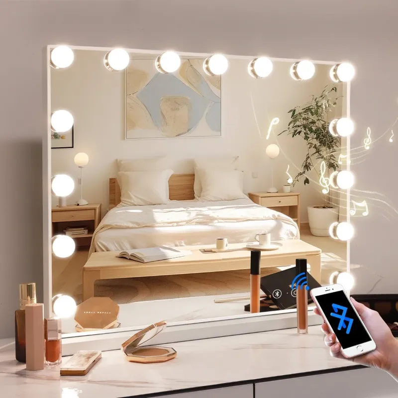 Photo 1 of Fenchilin Hollywood Vanity Mirror with Lights Bluetooth Tabletop Wall Mount Metal White 23''x19''