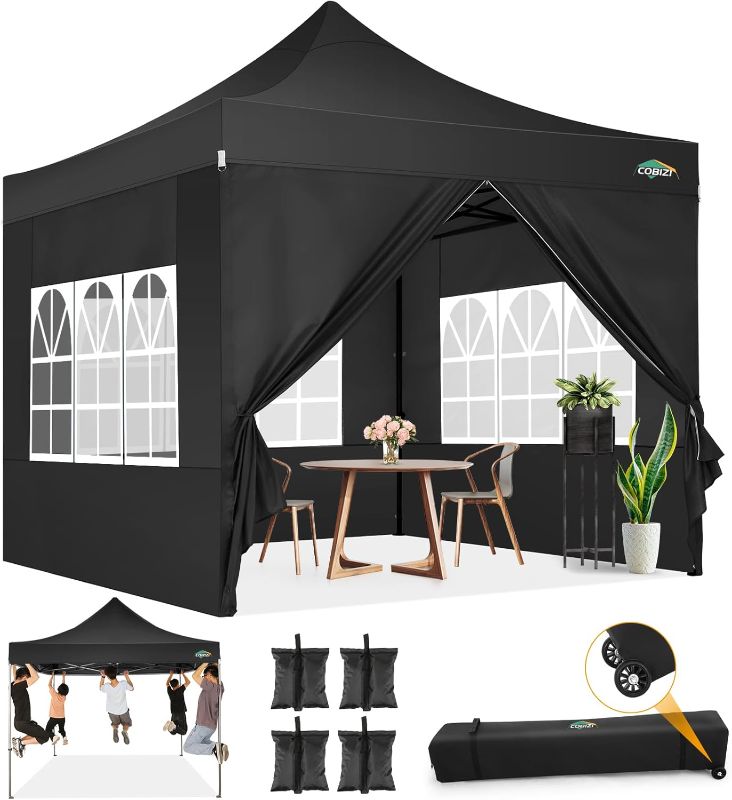 Photo 1 of COBIZI 10x10 Pop Up Canopy with Sidewalls Heavy Duty Party Tent with Removable Awning Easy Up Outdoor Canopy Wedding, All Season Windproof&Waterproof with Roller Bag UPF 50+, Black