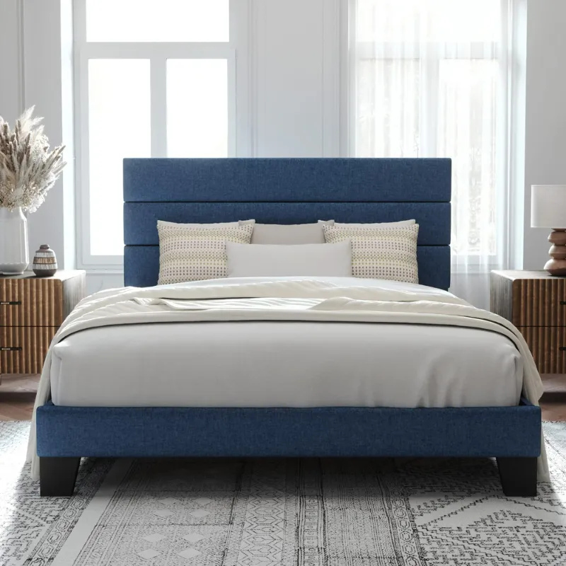 Photo 1 of Allewie Full Size Platform Bed Frame with Fabric Upholstered Headboard, No Box Spring Needed, Navy Blue