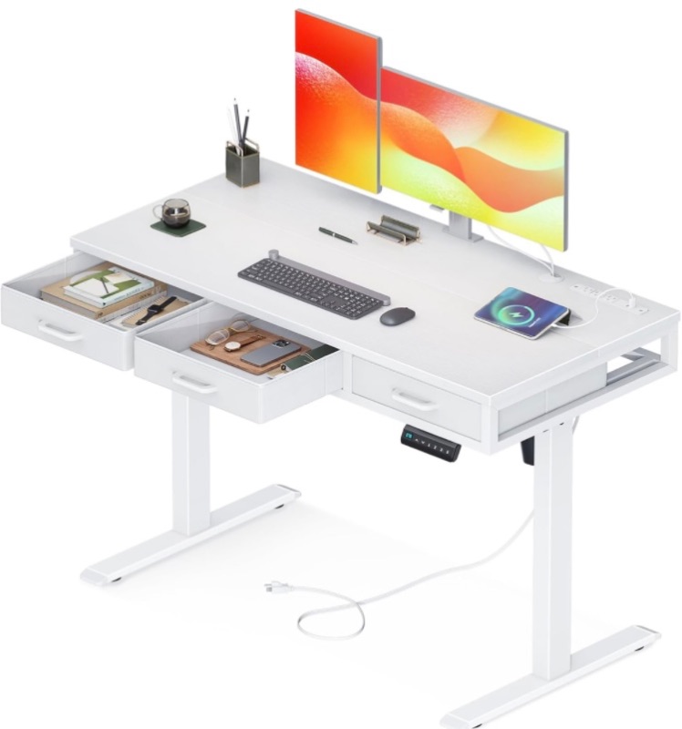 Photo 1 of AODK Electric Standing Desk with Drawers, 47 Inch Height Adjustable Small Desk with Power Outlets, Sit Stand Table, Writing Computer Desk for Home, Office, Workstation, White