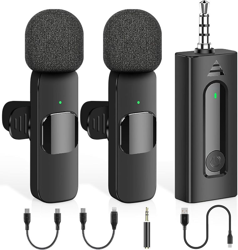 Photo 1 of 4 in 1 Professional Wireless Lavalier Microphone - 2 Pack Mini Microphone for iPhone Android Camera, Noise Reduction Lapel Mic Ultra Low Delay for Video Recording, YouTube, Interview, Tiktok and Vlog
