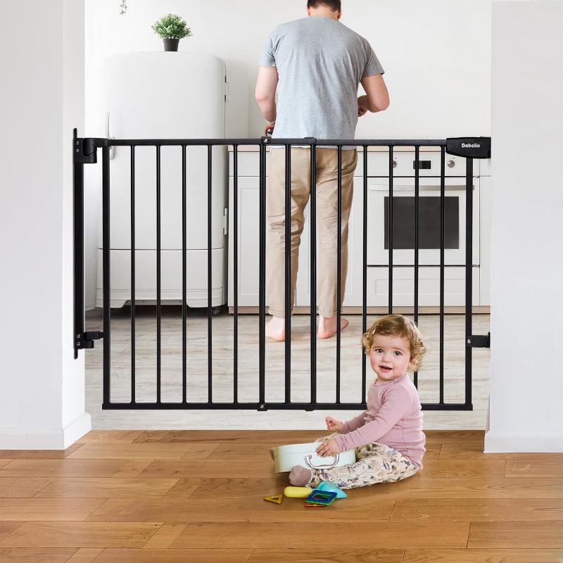 Photo 1 of Babeli 29.7-46.5" No bottom bar baby gate for stairs, safety pet gates with large walk thru door, Hardware Mount Dog gate for the house and doorway, black