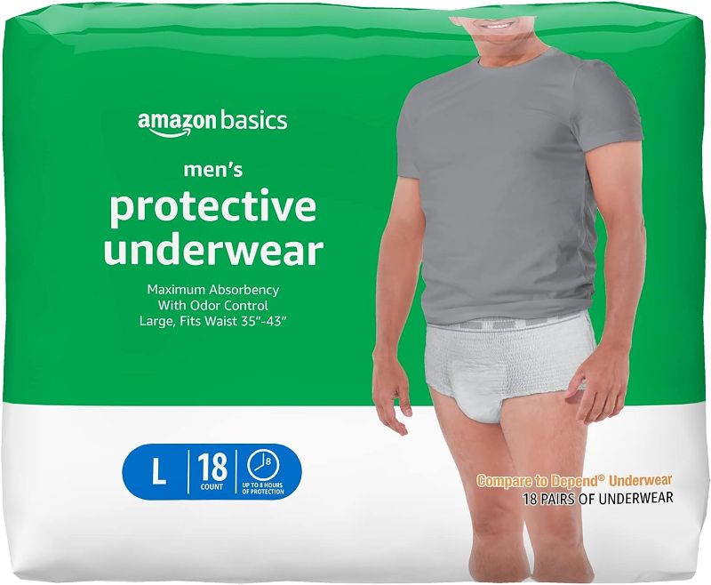 Photo 1 of *** Bundle *** Amazon Basics Incontinence Underwear for Men, Maximum Absorbency, Large, 18 Count, White (Previously Solimo) ( 3 Pack ) 