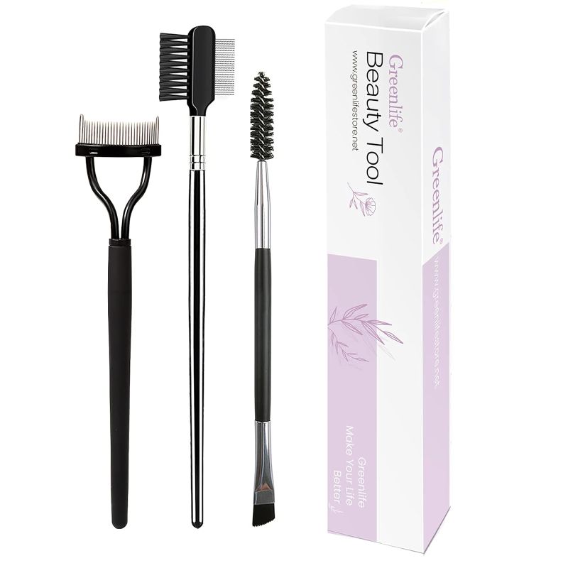 Photo 1 of *** Bundle *** GreenLife 3Pcs Professional Eyelash Comb lash brush Duo Eyelash Brush Curlers Double-Ended Dual Eyebrow Brush Mascara Spoolie Separator Angled Brow Brush Steel Makeup Grooming Tool ( 3 Pack ) 