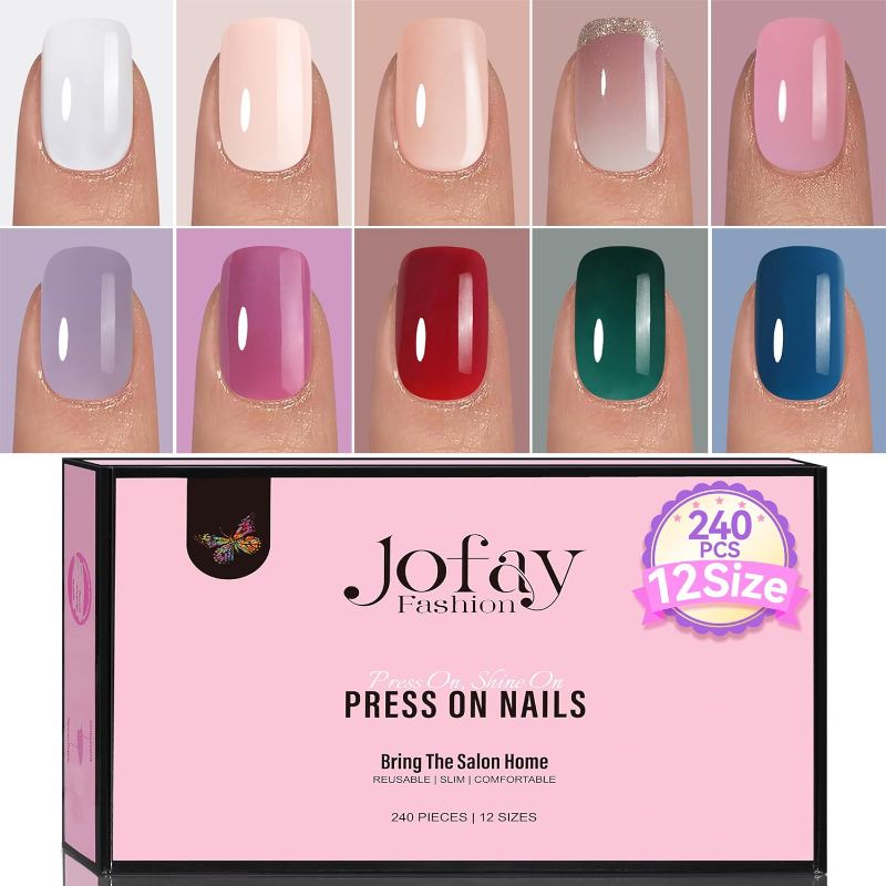 Photo 1 of *** Bundle *** Gel Nail Tips Short Press on Nails Square, Jofay Fashion 10 Packs (240 Pcs) Short Glitter French Tip Nails Solid Color Fake Nails Kit Glue on Nails Set with Glue Buffer Nails Stickers A11- 240Pcs TZ10-50 ( 2 Pack )