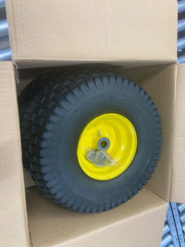 Photo 2 of (2 Pack) AR-PRO Exact Replacement 15" x 6.00-6" Front Tire and Wheel Assemblies for John Deere Riding Mowers - Compatible with John Deere 100 and D100 Series - 3” Centered Hub and 3/4” Bushings 15 x 6.00-6" Yellow