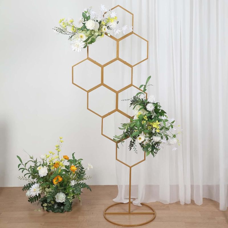 Photo 1 of  6ft Gold Metal Honeycomb Floor Standing Balloon Display Arch, Wedding Flower Frame Backdrop Stand