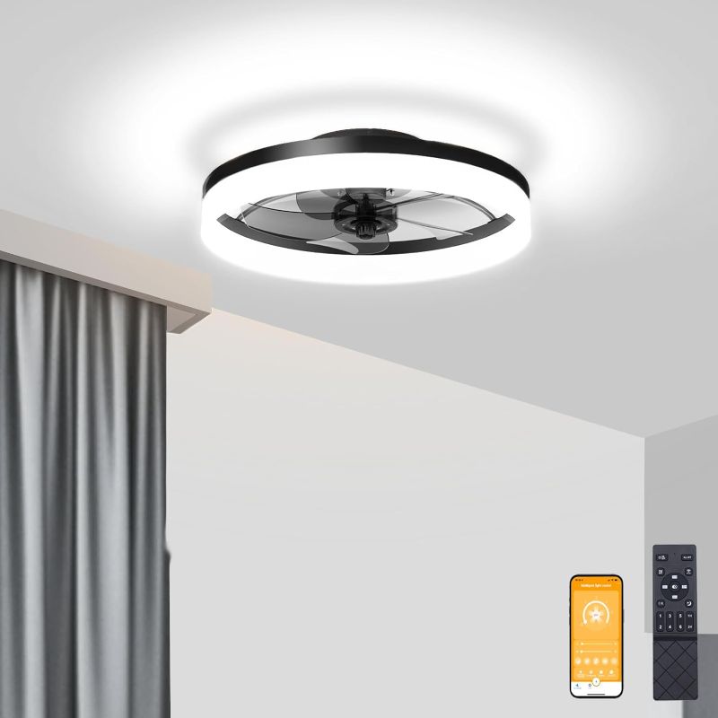 Photo 1 of ***REMOTE DOES NOT WORK, LIGHT DOES*** VOLISUN Low Profile Ceiling Fans with Lights and Remote, Fandelier Ceiling Fan Flush Mount 19.7inch, 3000K-6500K Smart Bladeless LED Fan Light, Black Modern Ceiling Fans with Lights for Bedroom