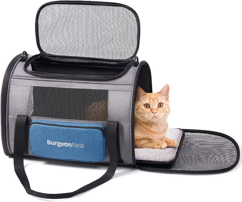 Photo 1 of  BurgeonNest Cat Carrier for Large Cats 20 lbs,Medium Cats Under 25 lbs,2 Cats and Small Dogs with Unique Side Bag,Top Load Pet Carrier Soft-Sided Escape Proof with 4 Ventilated Windows