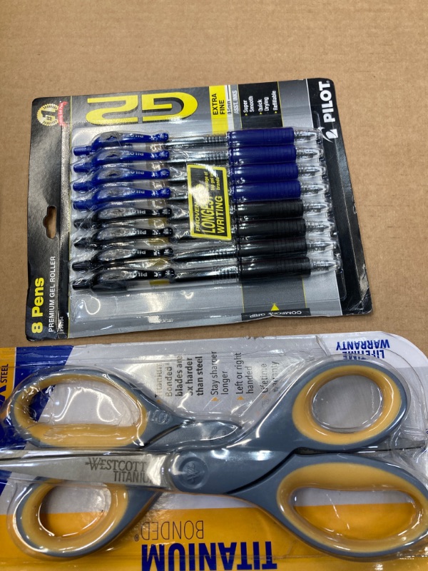 Photo 1 of ***BUNDLE***

Westcott 13901 8-Inch Titanium Scissors For Office and Home, Yellow/Gray, 2 Pack 8" All Purpose 2-Pack Gray/Yellow

Pilot, G2 Premium Gel Roller Pens, Bold Point 1 mm, Pack of 8, Black and Blue Black/Blue