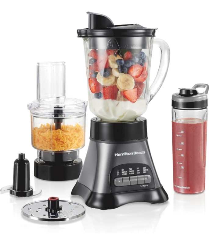 Photo 1 of *** CUP IS MISSING / NEEDS TO BE CLEANED ****Hamilton Beach Blender for Shakes and Smoothies & Food Processor Combo, With 40oz Glass Jar, Portable Blend-In Travel Cup & 3 Cup Electric Food Chopper Attachment, 700 Watts, Gray & Black (58163)