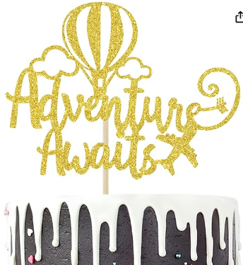 Photo 1 of Adventure Awaits Cake Topper, Congrats Grad/New Chapter Cake Topper, 2024 Graduation/Retirement/Bon Voyage/Baby Shower/Moving Party/Travel Theme Party Decorations Supplies, Blue Glitter
