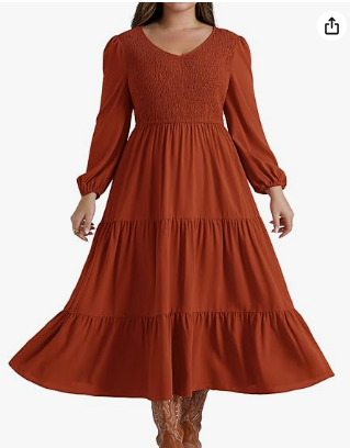 Photo 1 of Hanna Nikole Women's Plus Size Fall Casual Dress Long Sleeve Smocked Aline Flowy V Neck Maxi Tiered Long Dress Large
