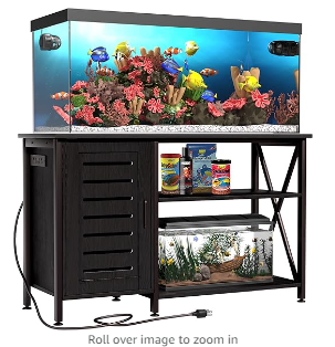 Photo 1 of 55-75 Gallon Fish Tank Stand, Aquarium Stand with Power Outlets and Cabinet for Fish Tank Accessories Storage, Heavy Duty Metal Frame, 52" L*19.68" W Tabletop, 1200LBS Capacity, Black PG05YGB (TANK NOT INCLUDED)