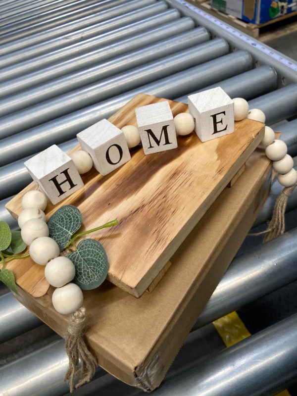 Photo 3 of 2 Packs Farmhouse Wooden Beads with Small Wooden Tray Home & Love Block Sign Home Decor Beads with Tassel Modern Wood Risers for Decor Wood Pedestal Stand for Bottles Candles Table Shelf Living Room Farmhouse Beads