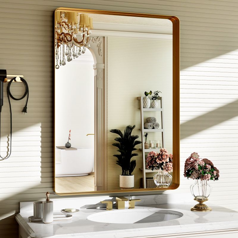 Photo 1 of BEAUTYPEAK Bathroom Mirror 22x30 inch, Modern Round Corner Vanity Wall Mirror?Gold
