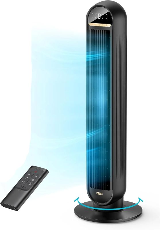 Photo 1 of Dreeo Tower Fans for Home, 36"" Standing Floor Fan with Remote, 90° Oscillating Fan, 24 ft/s High Velocity, LED Display, 4 Speeds, 4 Modes, 8H Timer, Quiet Bedroom Fan, Black, WDR-HTF006
