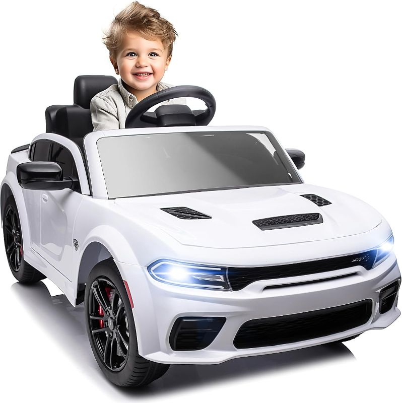 Photo 1 of 12V Kids Ride on Car Licensed Dodge Charger Electric Car for Kids with Remote Control, 3 Speed Kids Electric Vehicles with Suspension System, LED Light, MP3 & Bluetooth, White