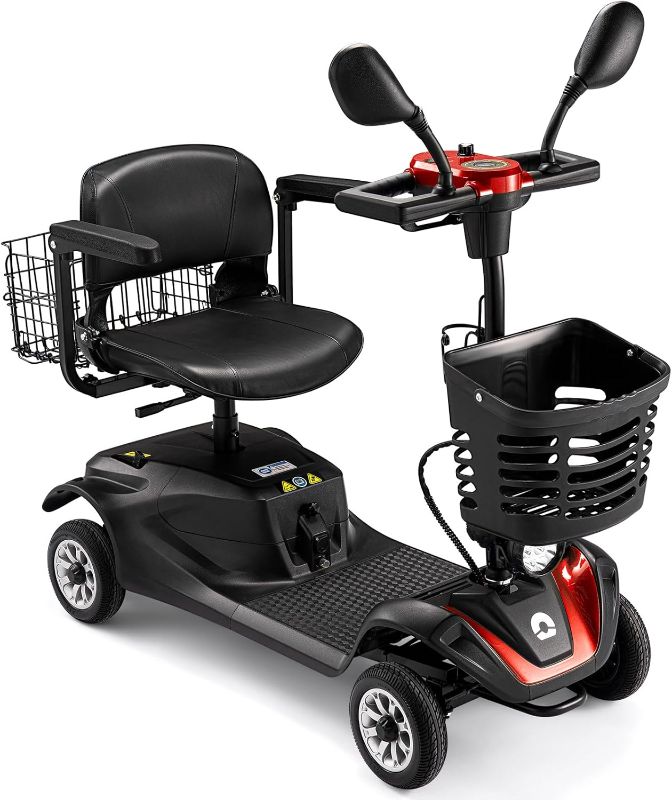 Photo 1 of 4-Wheel Mobility Scooter for Adults and Seniors - Long Range, Smart Safety Features, Rotating Seat, LED Headlights, All-Terrain, Travel-Friendly, Includes cup holder, rearview mirrors, and Two baskets
***Rear righthand tire damaged***