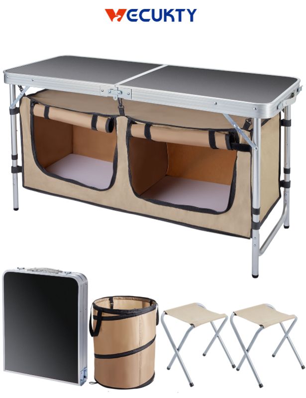 Photo 1 of **see notes** Folding Camping Table Set, VECUKTY Camping Kitchen Station, Aluminum Portable Folding Camp Cook Table with Storage Organizer and 2 Adjustable Feet,1 Folding Trash Can, Gray
