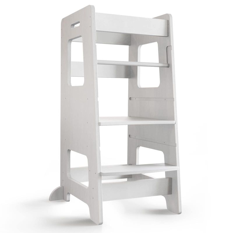 Photo 1 of Kitchen Step Stool, WOOD CITY Toddler Kitchen Stool Helper with Safety Rail, Height Adjustable Child Standing Tower Learning Stool for Kitchen Counter and Bathroom Sink (White)
