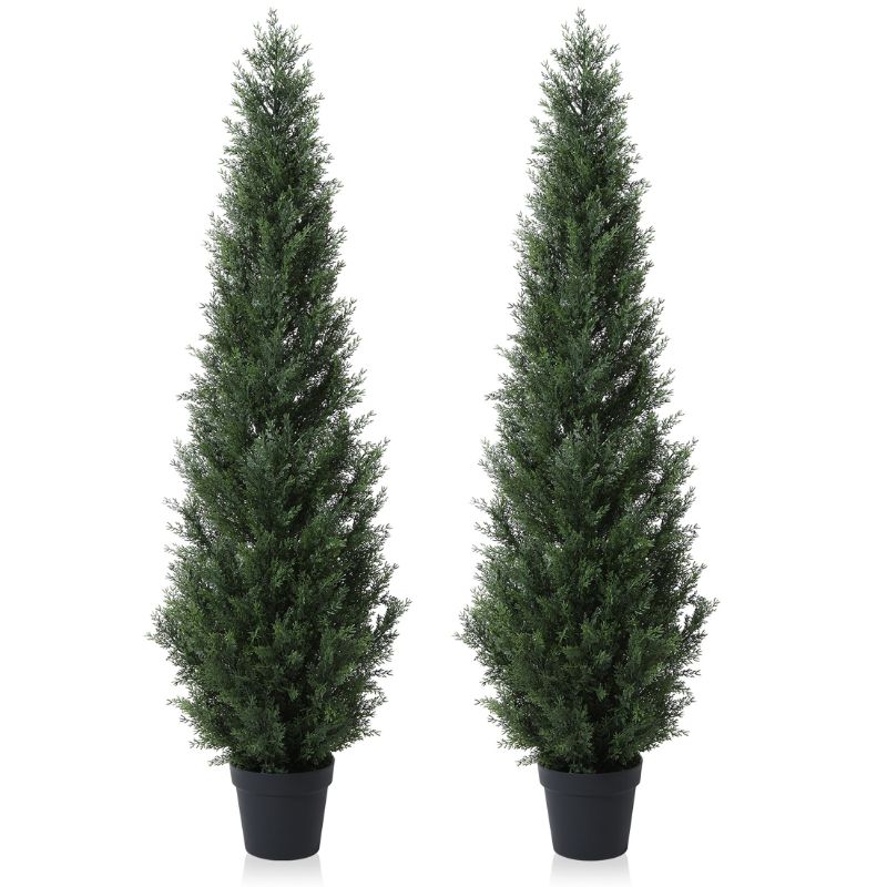 Photo 1 of Artificial Cedar Tree 5 FT Artificial Cedar Topiary Trees for Outdoors Potted Fake Cypress Trees Faux Evergreen Plants for Home Porch Decor Set of 2
