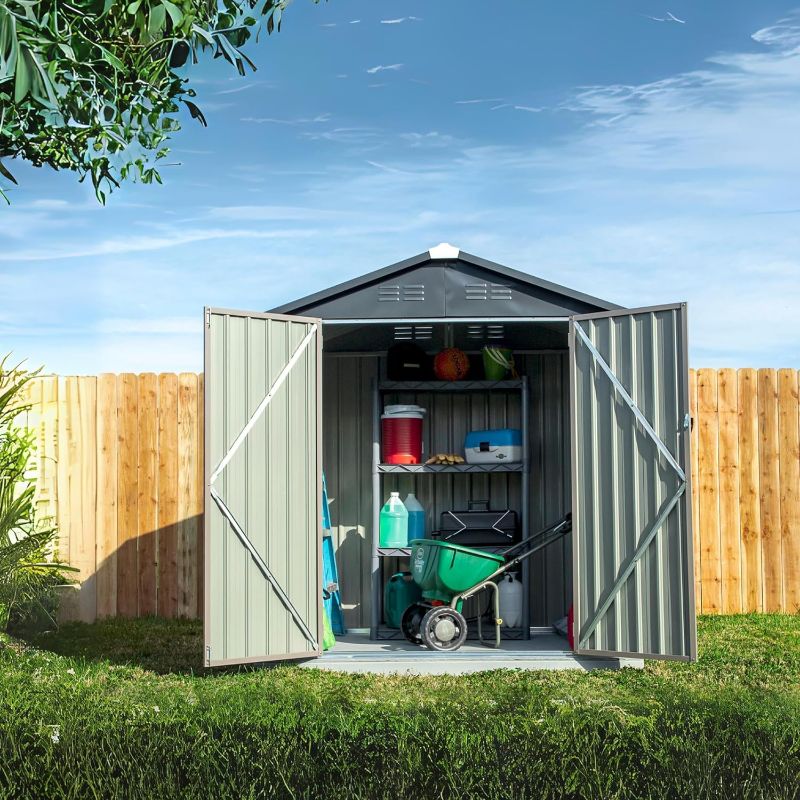 Photo 1 of Metal Outdoor Galvanized Steel Storage Shed with Lockable Doors for Backyard or Patio Storage of Bikes, Grills, Supplies, Tools, Toys, for Lawn, Garden, and Camping, Tan (6x4)