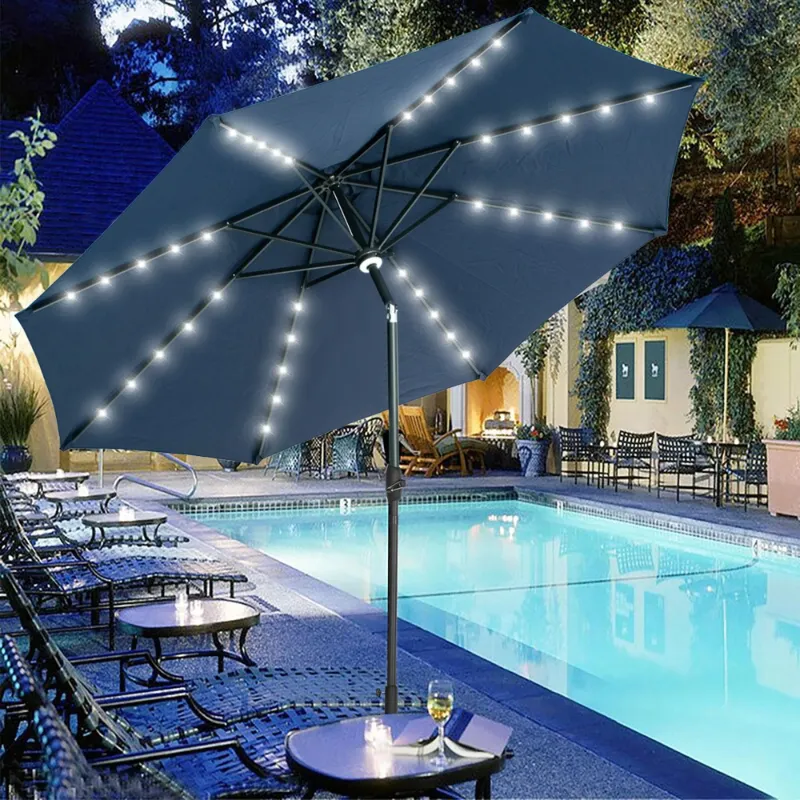 Photo 1 of Autlaycil 10 ft Solar Patio Umbrellas with 40 LED lights for Market Outdoor Pool, Steel Tilt Crank, Navy Blue