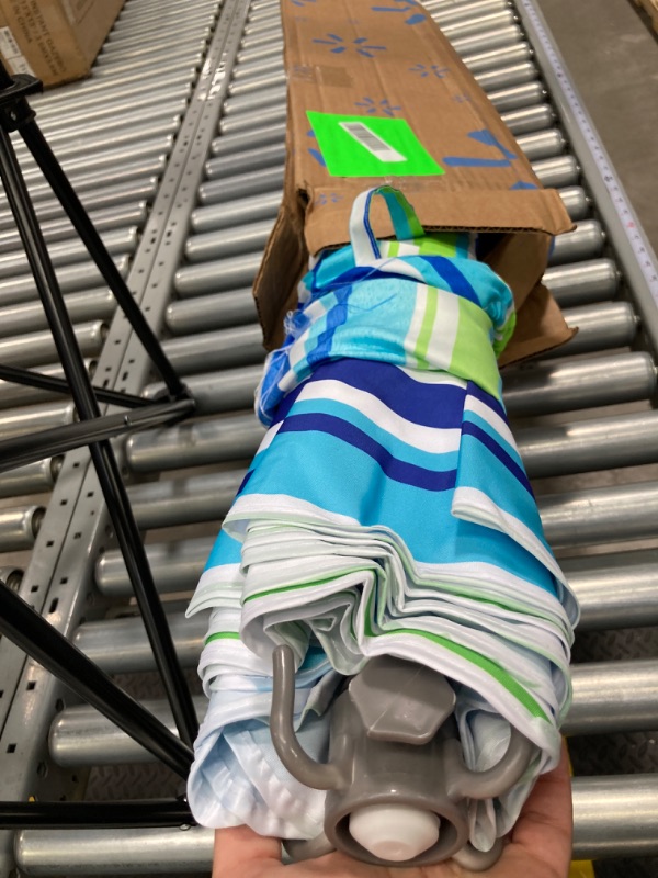 Photo 2 of 7 ft Beach Umbrella for Sand with Tilt/Sand Anchor/Carry Bag/, Stripe Blue and Green,UV 50+ UPF 100+
