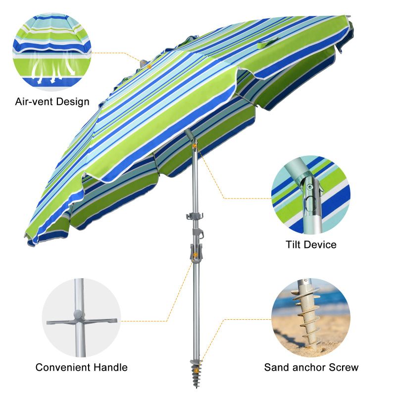 Photo 1 of 7 ft Beach Umbrella for Sand with Tilt/Sand Anchor/Carry Bag/, Stripe Blue and Green,UV 50+ UPF 100+
