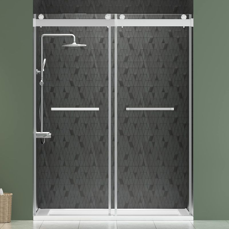 Photo 1 of ***(TOP MISSING)***
DELAVIN 56"-60" W x 75" H Frameless Shower Door, Double Sliding Shower Door, 5/16"(8mm) Clear Tempered Glass, Noiseless Shatterproof Glass Shower Door with Square Rail, Stainless Steel, Aluminum
