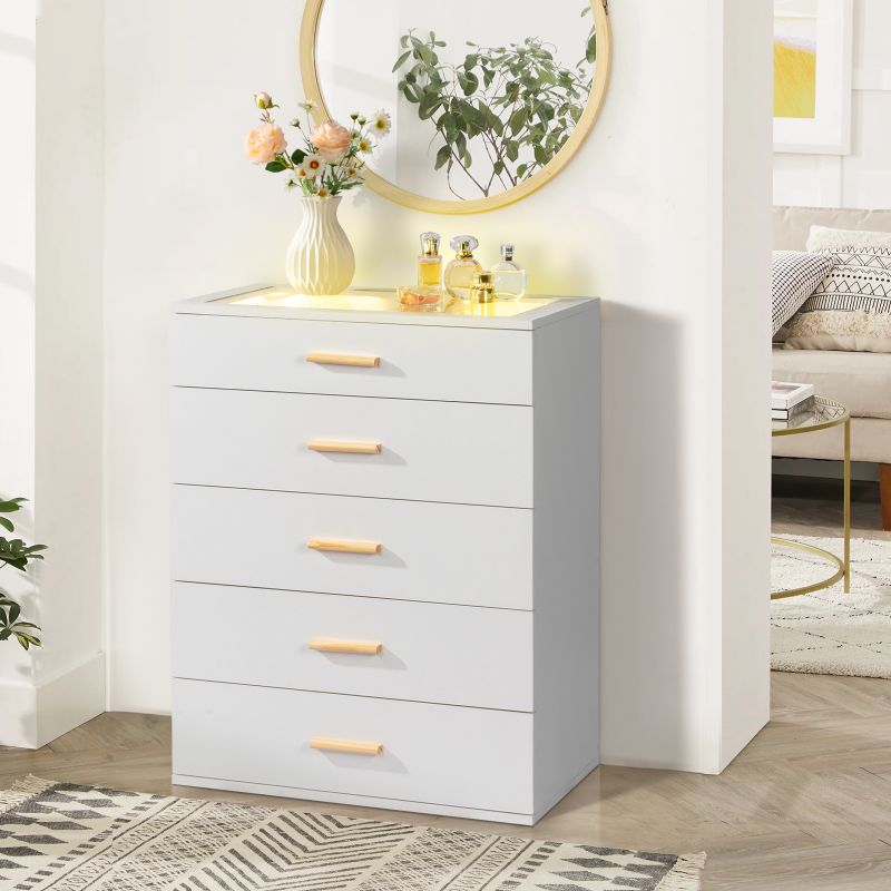 Photo 1 of **see notes** Ktaxon White Dresser with LED Lights for Bedroom, 5 Drawer Dressers with Tempered Glass Top,Chests of Drawers with Grid Drawer,Storage Organizer Dresser for Hallway,Living Room

