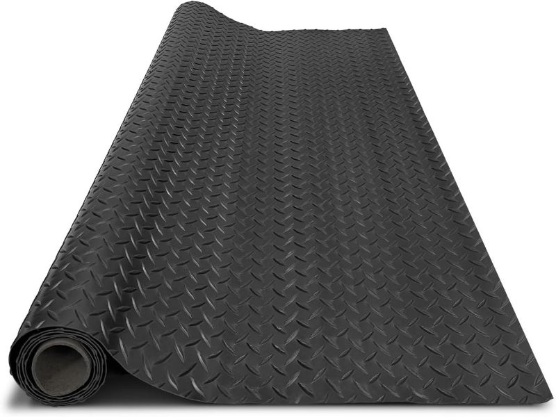 Photo 1 of 6.5 x 14 ft Garage Floor Mat, Flooring Roll Diamond Plate PVC Rubber Trailer Mat, Non-Slip Floor Protector Mat for Garage Warehouse Gyms Boats, Black