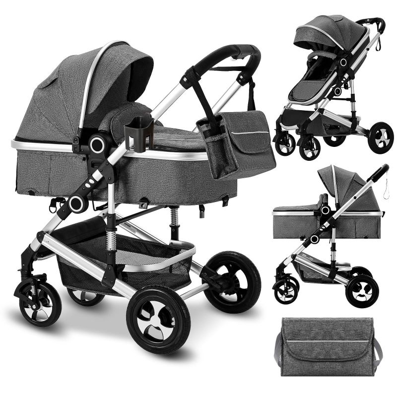 Photo 1 of AILEEKISS 2 in 1 Convertible Baby Stroller, Unisex Folding Infant Newborn Bassinet Pram, Dark Grey