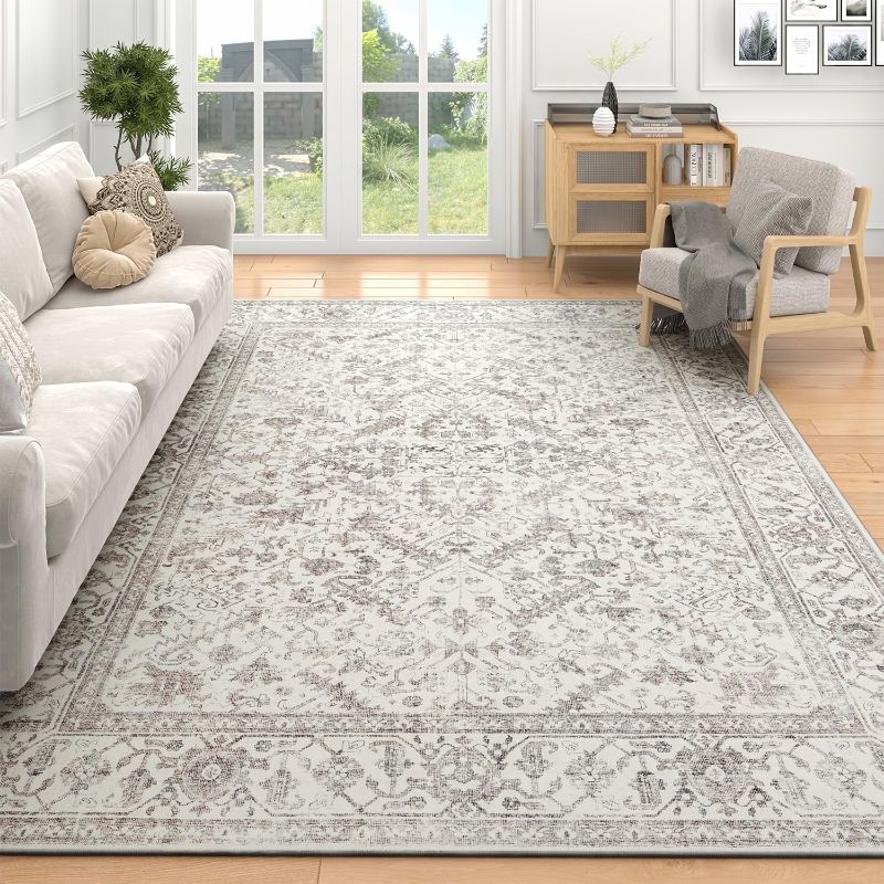 Photo 1 of SIXHOME 8'x10' Area Rugs for Living Room Washable Rugs Vintage Distressed Area Rugs Non Slip Soft Light Grey Traditional Retro Floral Carpet Indoor Rugs for Bedroom Dinning Room Home Office Nursery