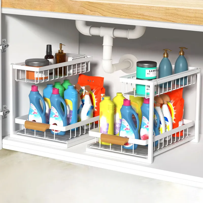 Photo 1 of 2 Pack Under Sink Organizer,Metal Pull Out Kitchen Cabinet Organizer with Sliding Drawer,Sturdy Multi-functional for Bathroom Organization,White