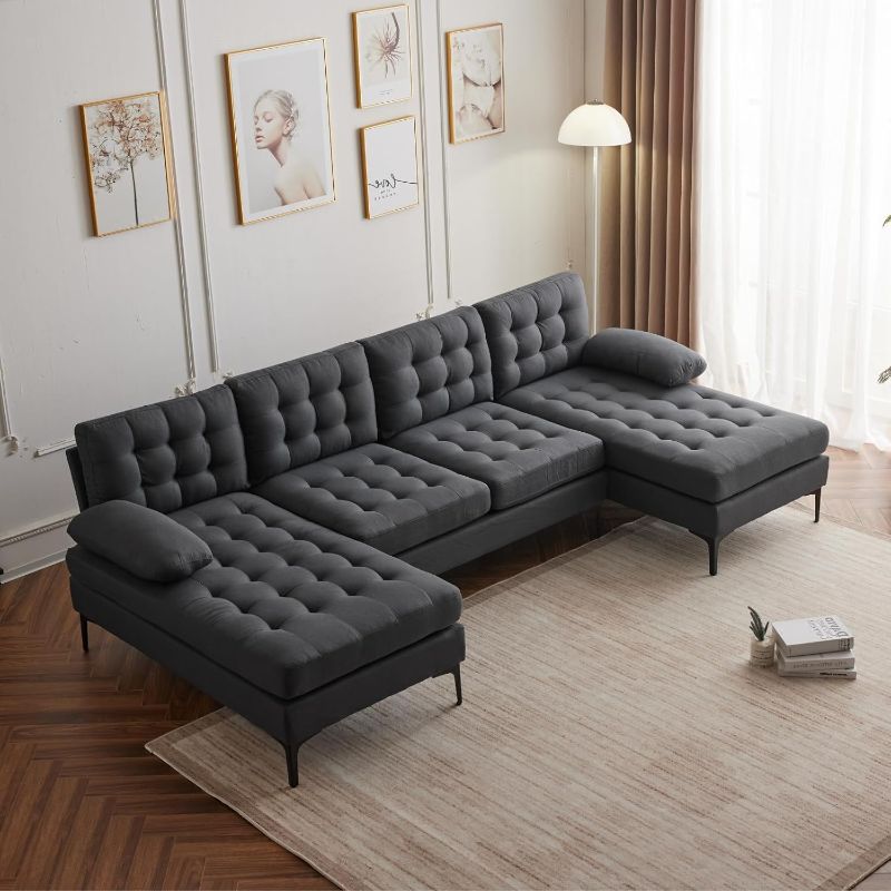 Photo 1 of ** see notes** Karl home Sectional Sofa 110" U-Shape Sofa Couch Linen Fabric Upholstered with Double Chaises, Lattice Decorated, for Living Room, Apartment, Studio, Office, Dark Gray
