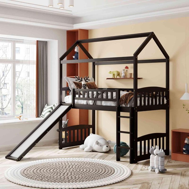 Photo 1 of ATY Twin Size Loft Bed with Slide, Solid Wood House Shaped Bedframe w/Full-Length Guardrail for Kids, Bedroom Furniture, No Box Spring Need, Espresso
