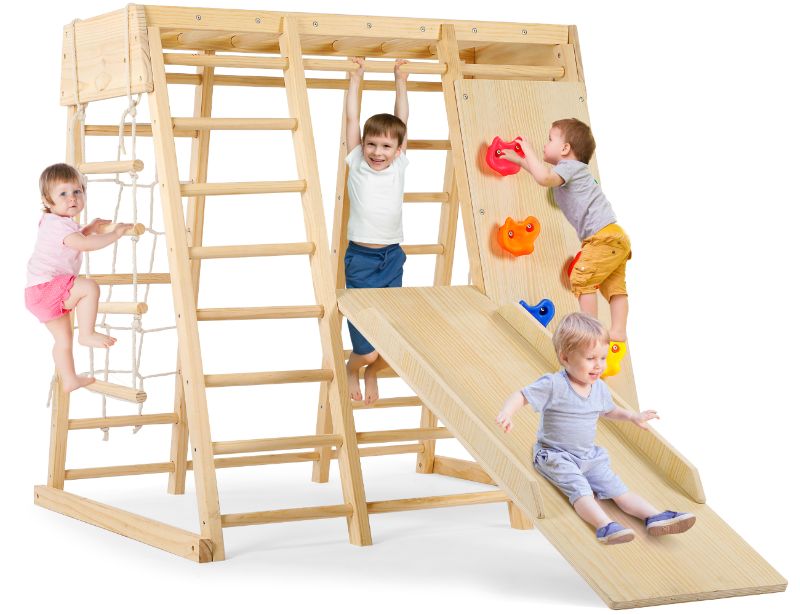 Photo 1 of Indoor Baby Climbing Toys, Playground Jungle Gym Montessori Waldorf Style Wooden Toddlers Climber Playset for Children Kids 2-7 with Slide, Climbing Wall, Rope Wall Net, Swing, Ladder
