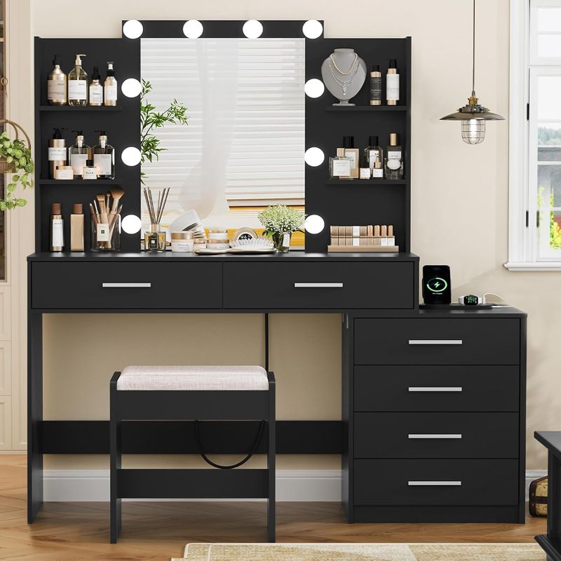 Photo 1 of ** see notes** Quimoo 48" Large Vanity Desk with Mirror and Lights, Makeup Vanity with 6 Drawers, Power Outlet, Vanity Makeup Mirror Desk Table Set with 4 Storage Shelves & Stool, Best Gift for Women Girls,Black
