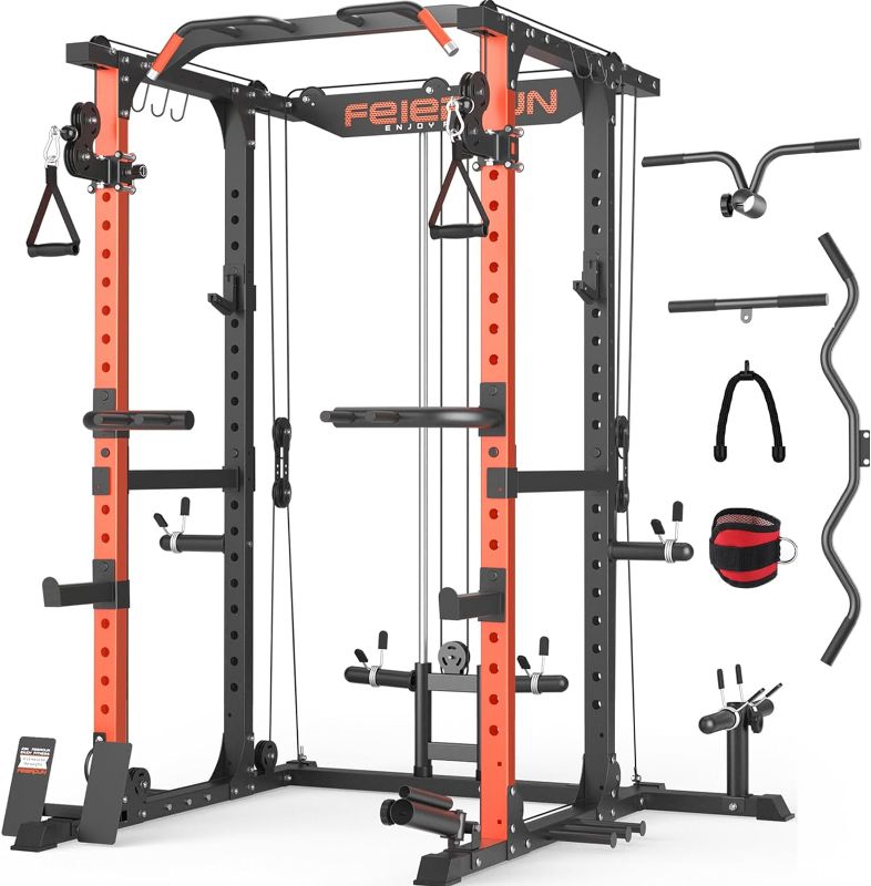 Photo 1 of FEIERDUN Multi-Function Squat Rack Power Cage FLA01 with Cable Crossover System, 2000LBS Capacity Power Rack and Packages with Optional Weight Bench, Olympic Barbell Weight Set, for Garage & Home Gym