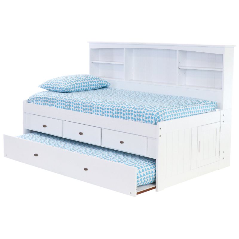 Photo 1 of Discovery World Furniture - Full Size Bed Frame with Headboard Bookcase Captain Day Bed with 3 Drawers & Twin Trundle, Full Size Bed with Storage & Trundle, White