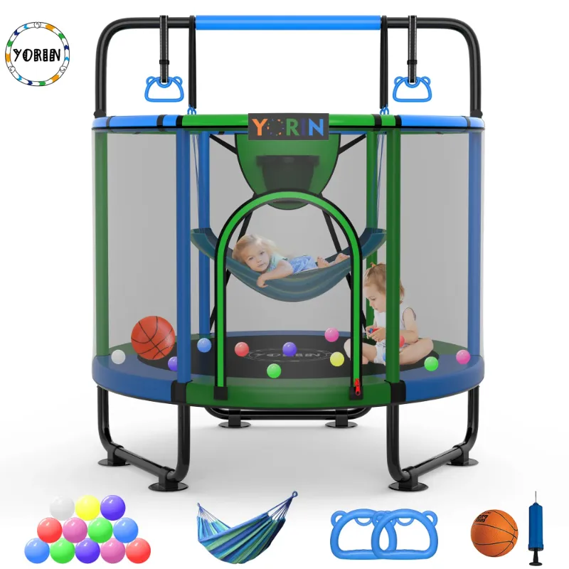 Photo 1 of ***FOR PARTS, MISSING ACCESSORIES*** YORIN Trampoline for Kids, 60'' Toddler Mini Trampoline with Enclosure Net, Basketball Hoop, 5FT Indoor/Outdoor Kids Trampoline with Swing, Adjustable Gymnastics Bars, Gifts for Boys & Girls, 600LBS
