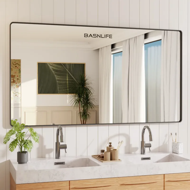Photo 1 of BASNLIFE 55x30 Inch Black Metal Framed Bathroom Mirror for Wall, Matte Black Bathroom Vanity Mirror Farmhouse, Large Rounded Rectangle Mirror, Anti-Rust, Tempered Glass?Horizontal or Vertical?
