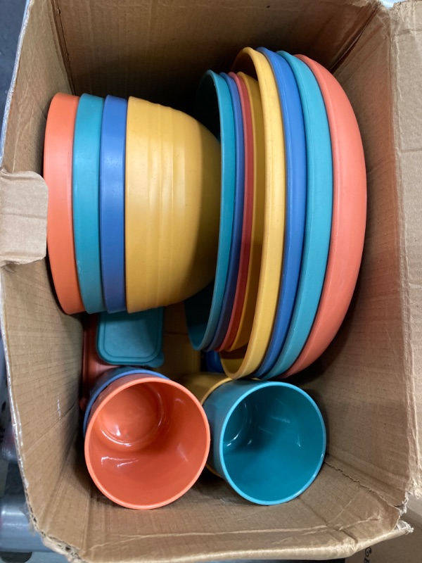 Photo 1 of 28 Piece Wheat Straw Dinnerware Sets,Dishwasher & Microwave Safe Plates and Bowls Sets - Unbreakable Plastic Dinnerware Sets for 4 Dinner Plates, Cups, Cereal Bowls - Colorful Series 28 PCS Multicolor