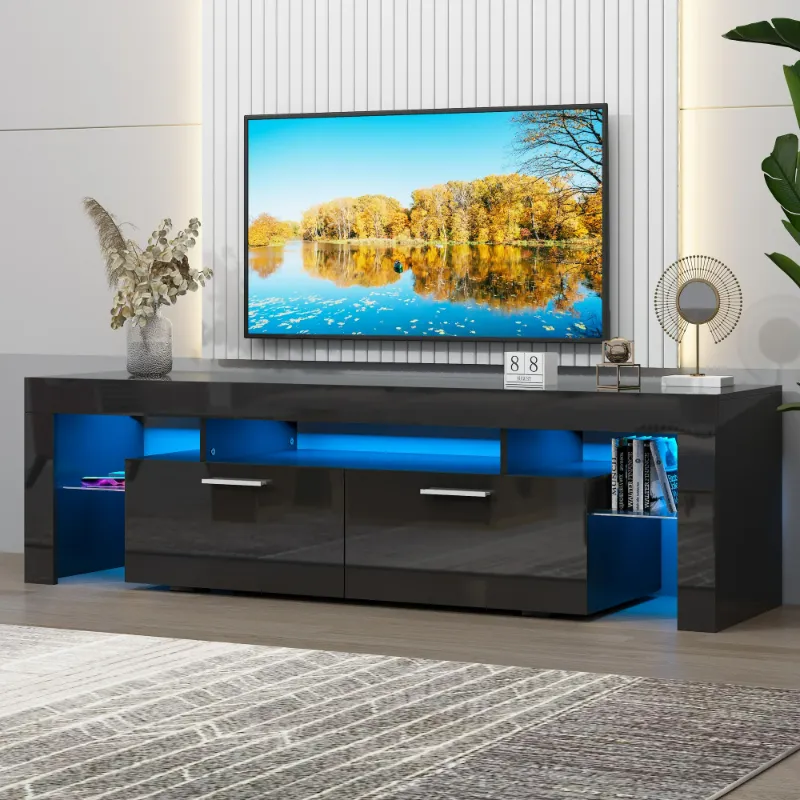 Photo 1 of UHOMEPRO TV Stand for TV up to 70", Living Room Entertainment Center with RGB LED Lights and Storage Shelves Furniture, Black High Gloss TV Cabinet Console Table
