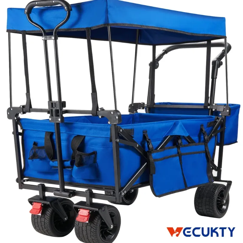 Photo 1 of Collapsible Garden Wagon Cart with Removable Canopy, VECUKTY Foldable Wagon Utility Carts with Wheels and Rear Storage, for Garden Camping Grocery Shopping Cart,Blue
