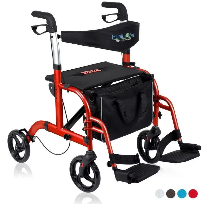 Photo 1 of 2 in 1 Rollator Walker-Transport Chair Combo with Padded Seat by Health Line Massage Products, Rolling Walker for Seniors with Reversible Backrest and Detachable Footrests, Red
