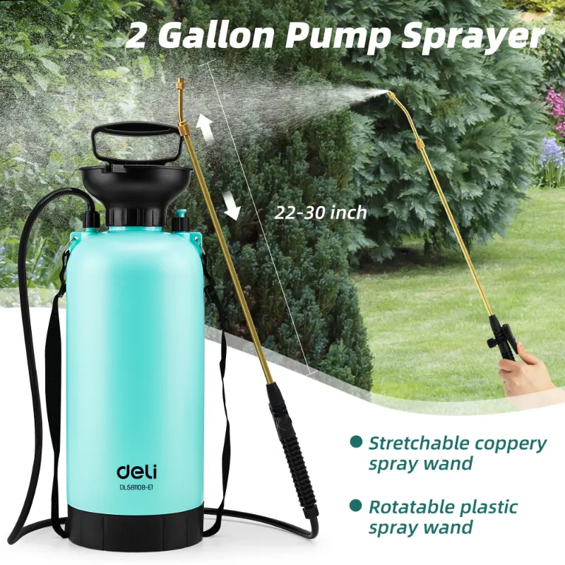 Photo 1 of Deli 2-Gallon Pump Pressure Sprayer, Pressurized Lawn & Garden Water Spray Bottle with Adjustable Shoulder Strap, Pressure Relief Valve, for Spraying Plants, Garden Watering and Household Cleaning